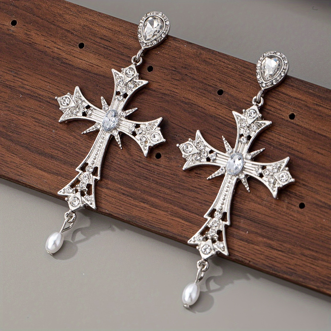 925 Silvery Posts Cross Pendant Earrings